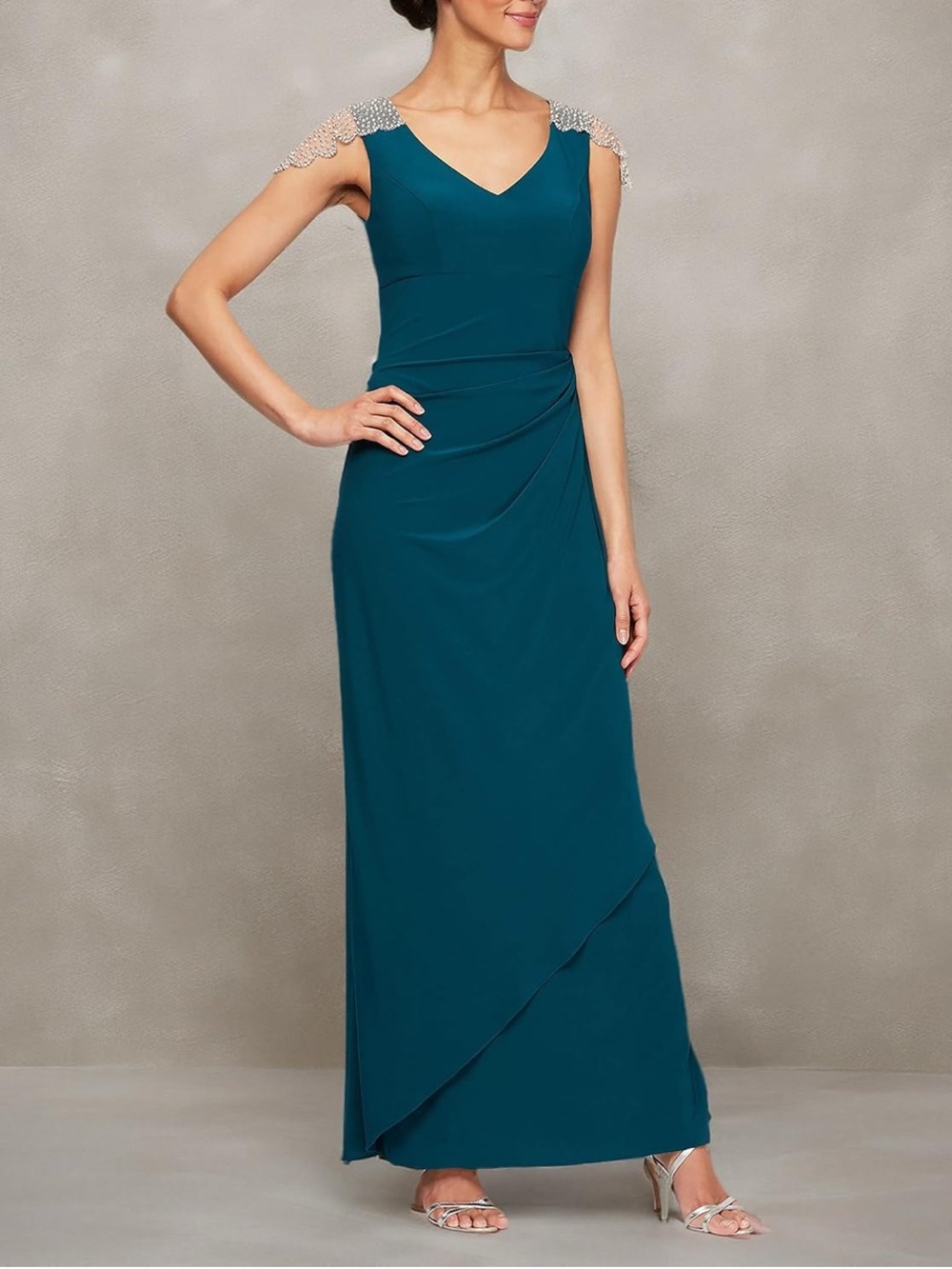 Alex Evenings Teal V-Neck Draped Evening Gown